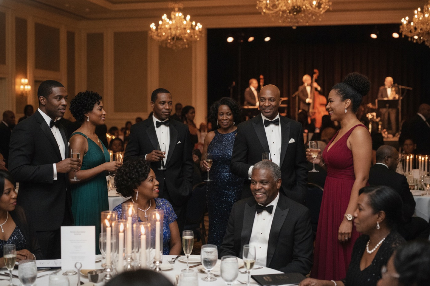 Guests in formal attire celebrating at a community scholarship gala