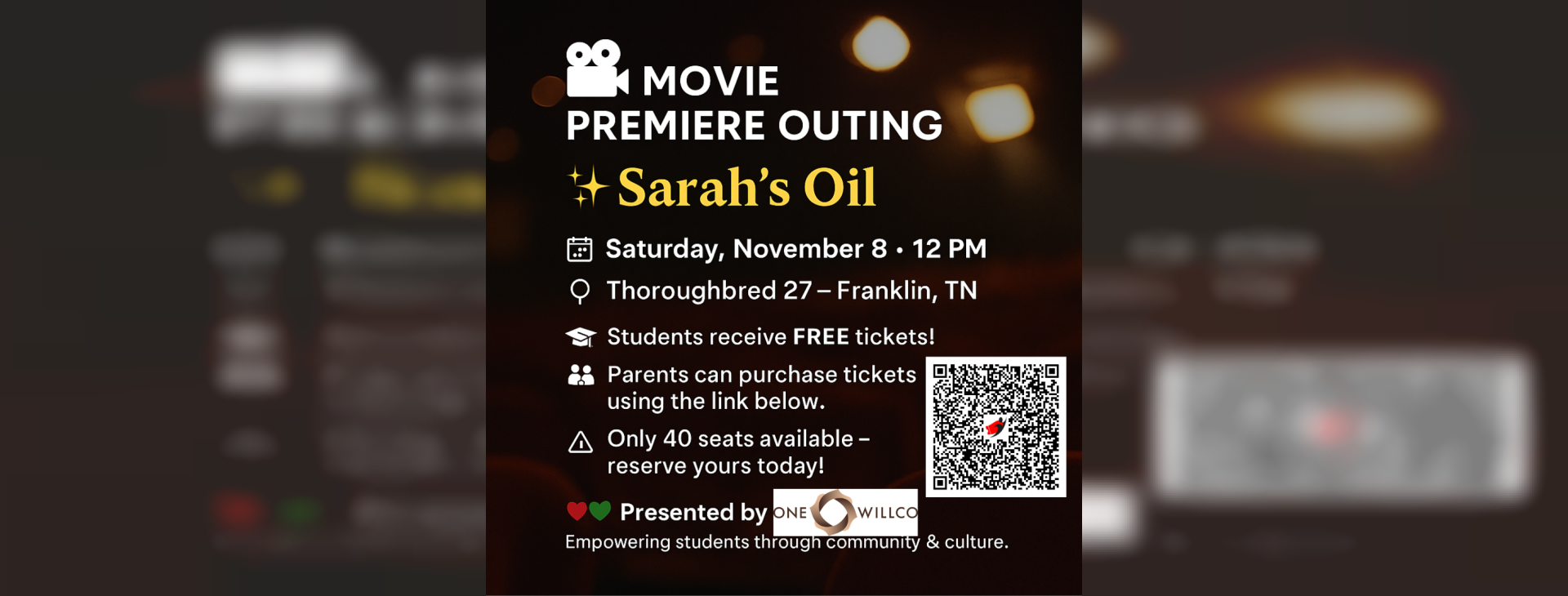 One WillCo Movie Premiere- Sarah’s Oil — event banner