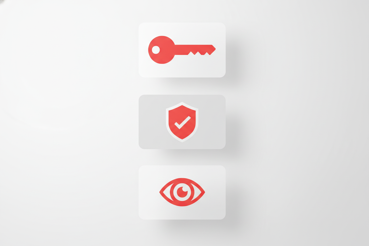 A concept illustration of three distinct access tiers shown as separate key cards: a full master key, a checkmark-shield scan key, and an emailed-report envelope, with red accents.