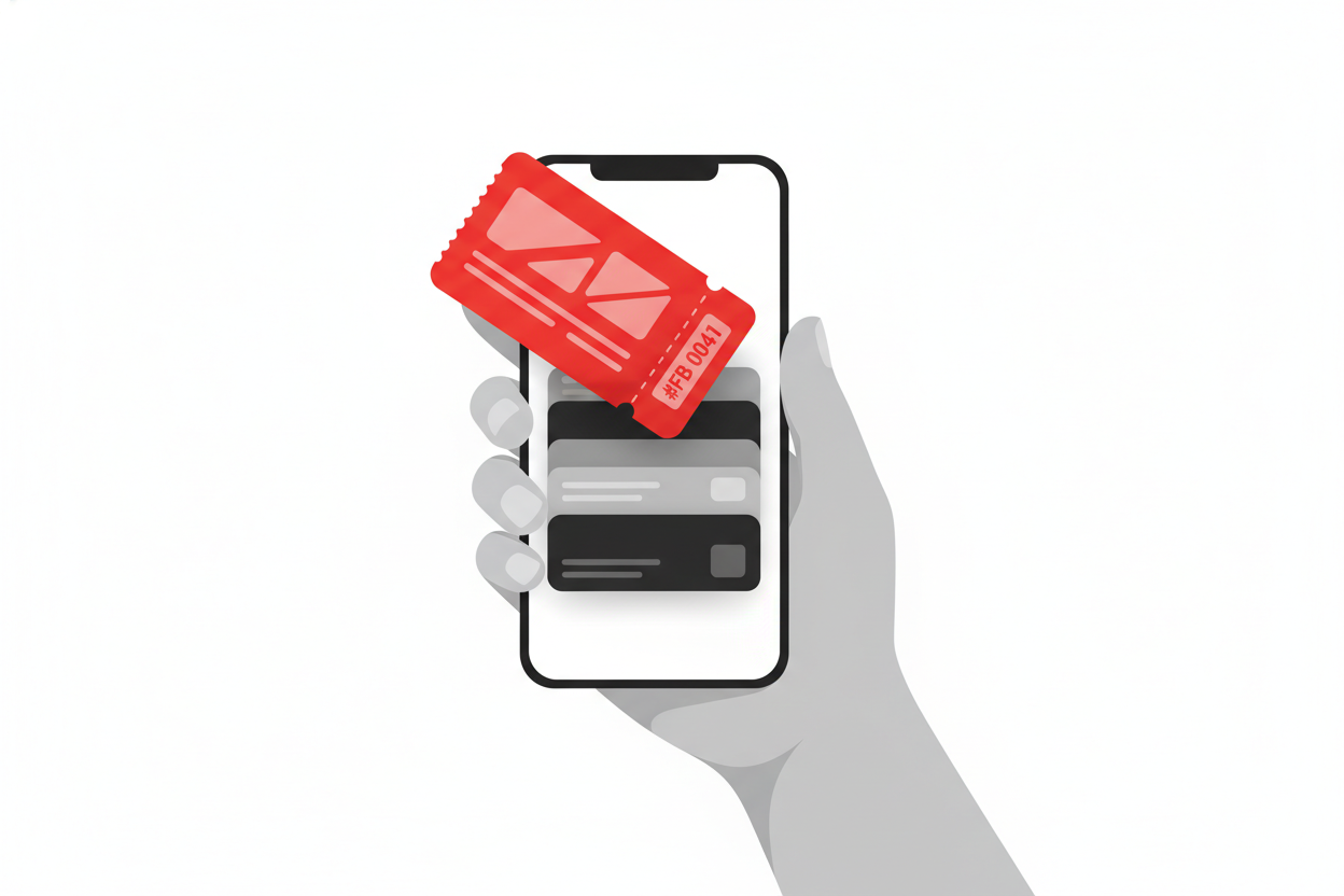A clean concept illustration of a red digital event ticket sliding into a phone's wallet stack of cards, on a white background.