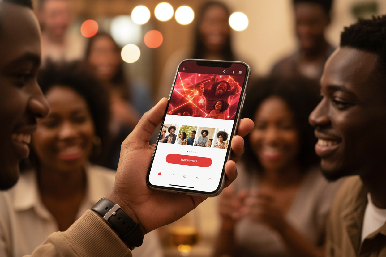 A hand shares a phone showing a polished, branded event page with a hero banner, photo gallery, and red call-to-action.