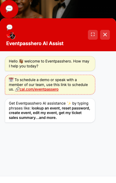 The Eventpasshero AI Assist chat widget open in the lower-right of the site, greeting the visitor and listing example phrases like look up an event, reset password, create event, edit my event, and get my ticket sales summary.