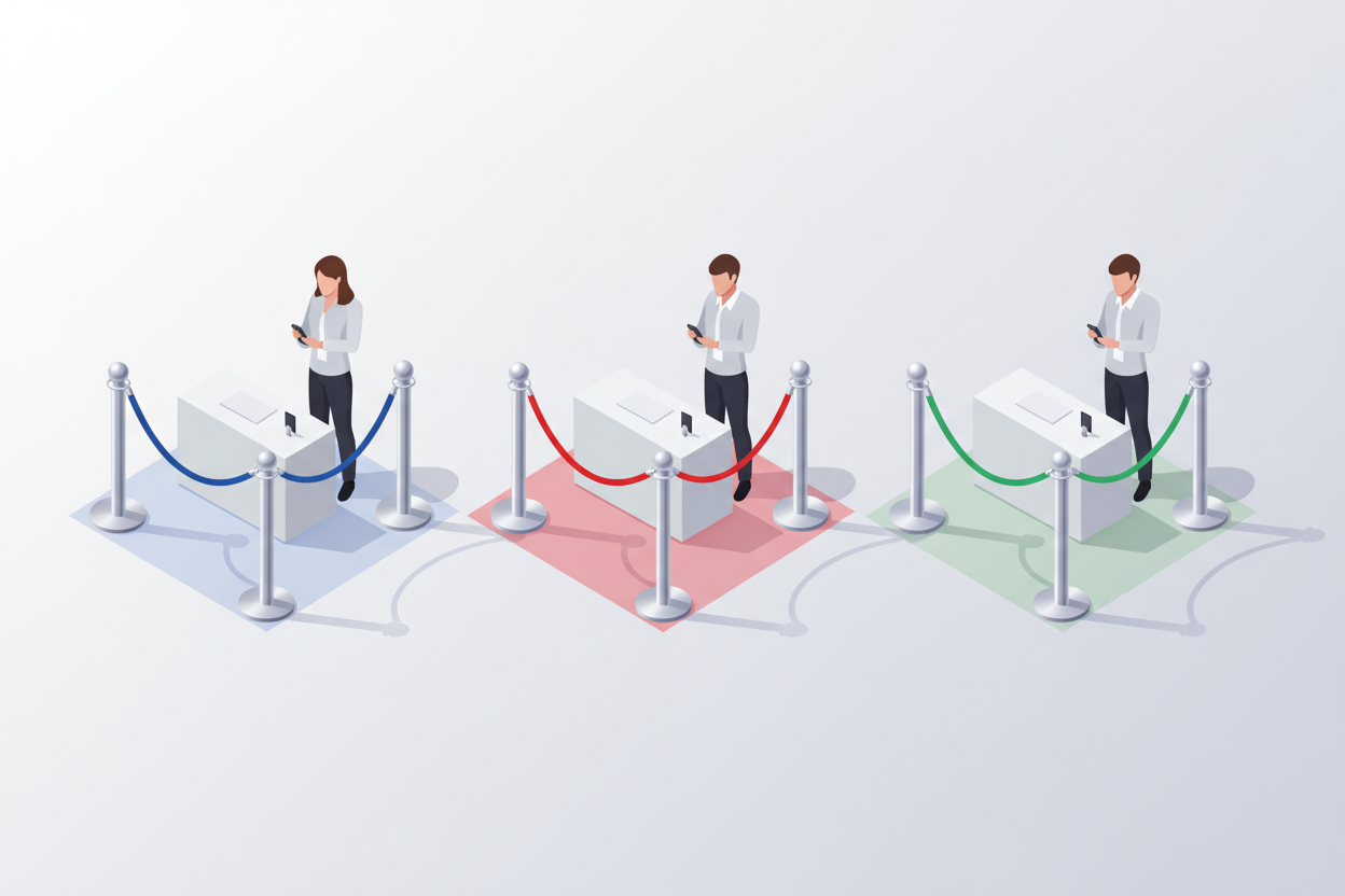 A clean concept illustration of three separate check-in lanes leading to three staffers with phones, one lane accented in brand red.