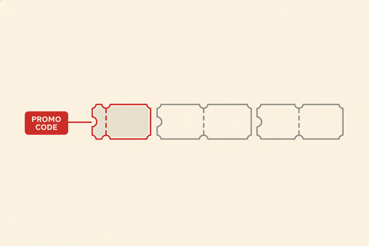 Flat-vector illustration of a red promo code tag connected to a single highlighted ticket among a row of muted gray tickets, showing a discount applied to only one ticket type.