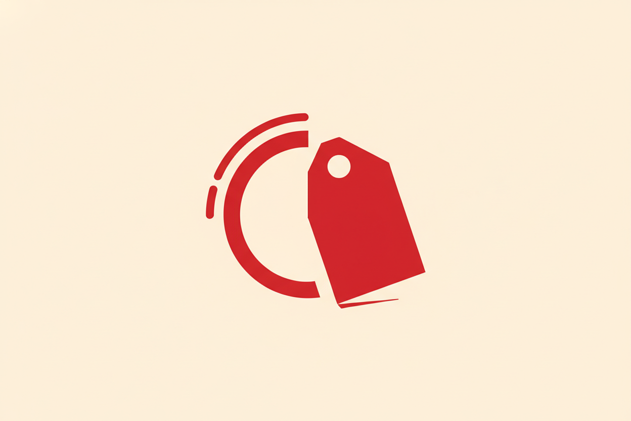 Flat-vector illustration of a red discount tag fused with a nearly depleted countdown arc, conveying a limited-time, expiring offer.