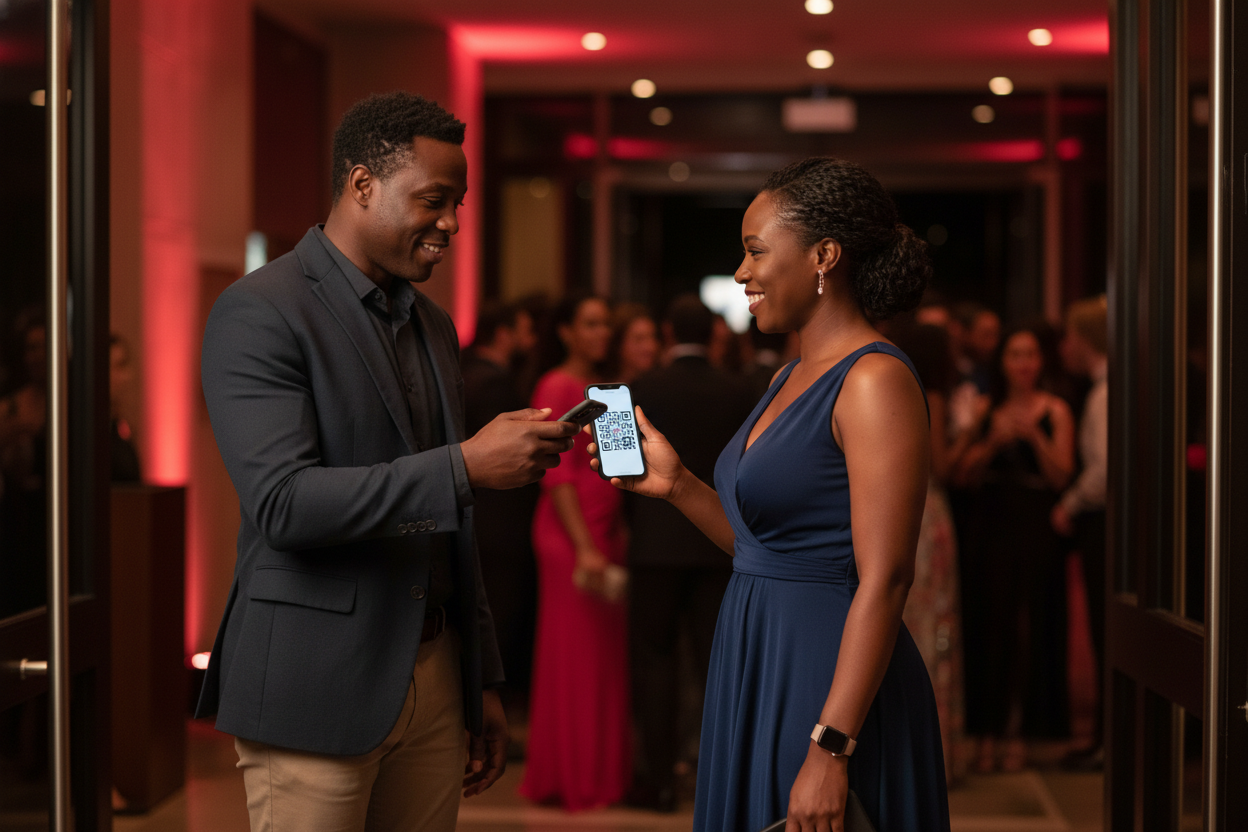 A friendly door staffer scans a smiling guest's phone at the entrance of an upscale evening event.