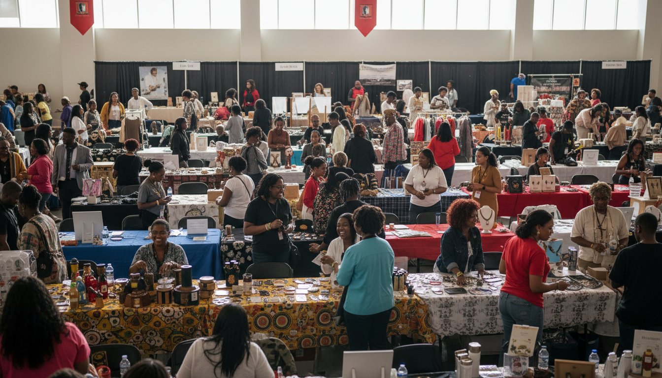 A lively, diverse vendor market inside a community expo hall, with rows of booths, shoppers, and small-business owners full of energy.