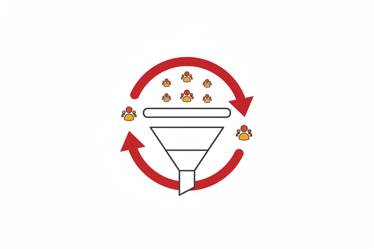 A concept illustration of a marketing funnel with arrows looping warm leads from the bottom back up to the top, in red accents on a white background.