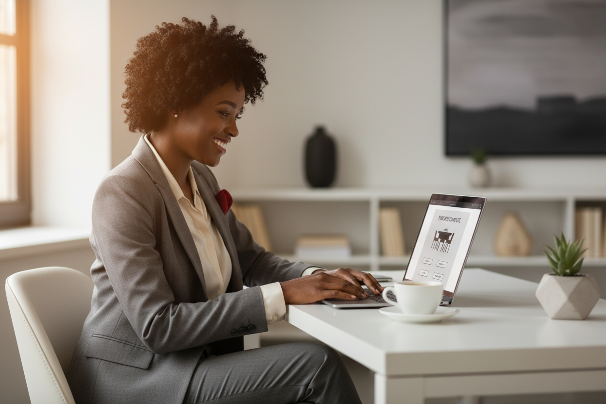 A pleased event host buys a full table on her laptop at a bright modern desk.