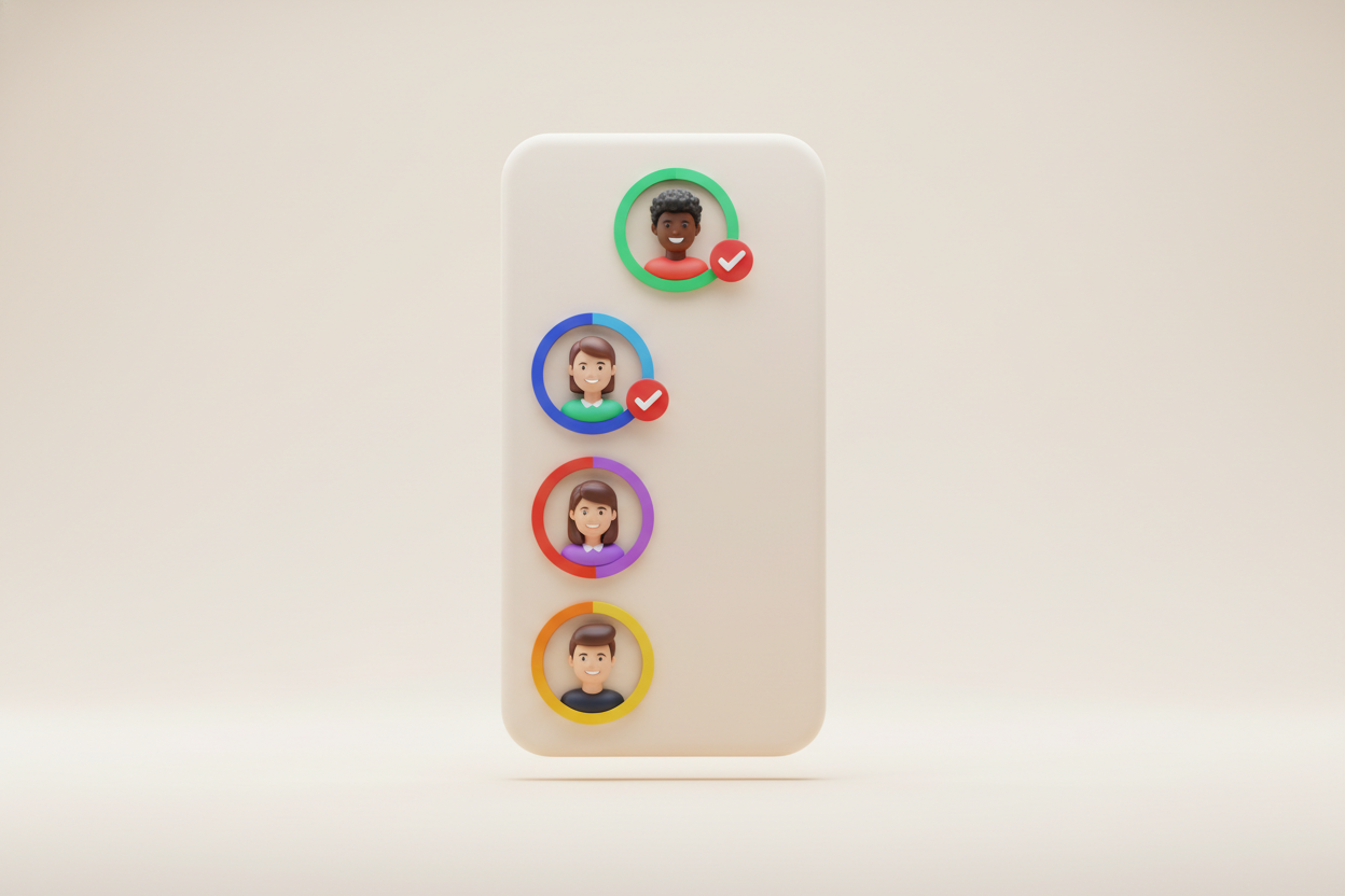 A leaderboard concept showing ranked member avatars with circular progress rings; the top two are complete with red check badges, the others partially filled.