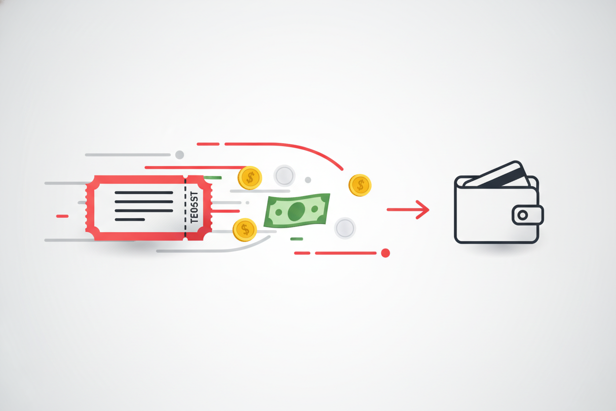 A concept illustration of money moving quickly from an event ticket across to a bank wallet, with red motion streaks conveying speed.