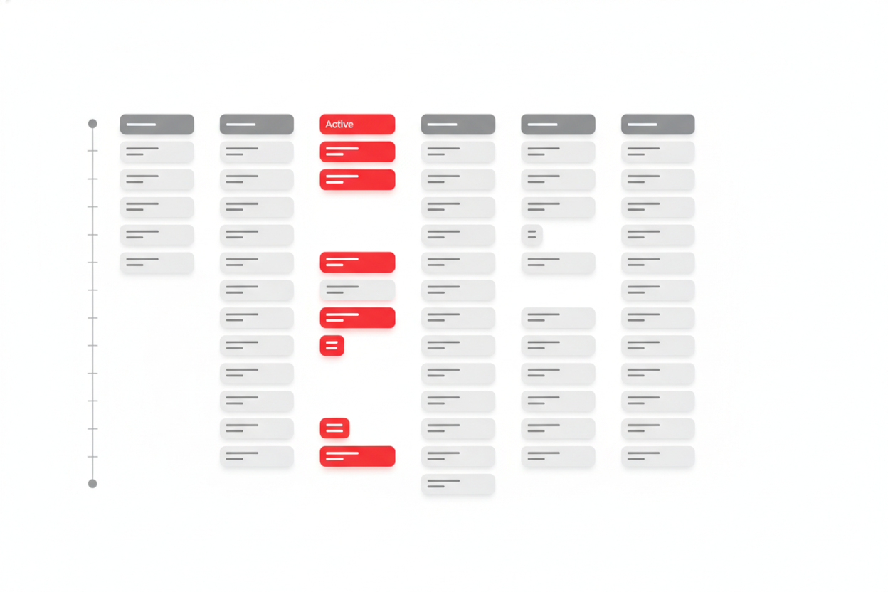 A concept illustration of a multi-track agenda: several parallel timeline columns of session blocks, with one track and selected sessions highlighted in red.