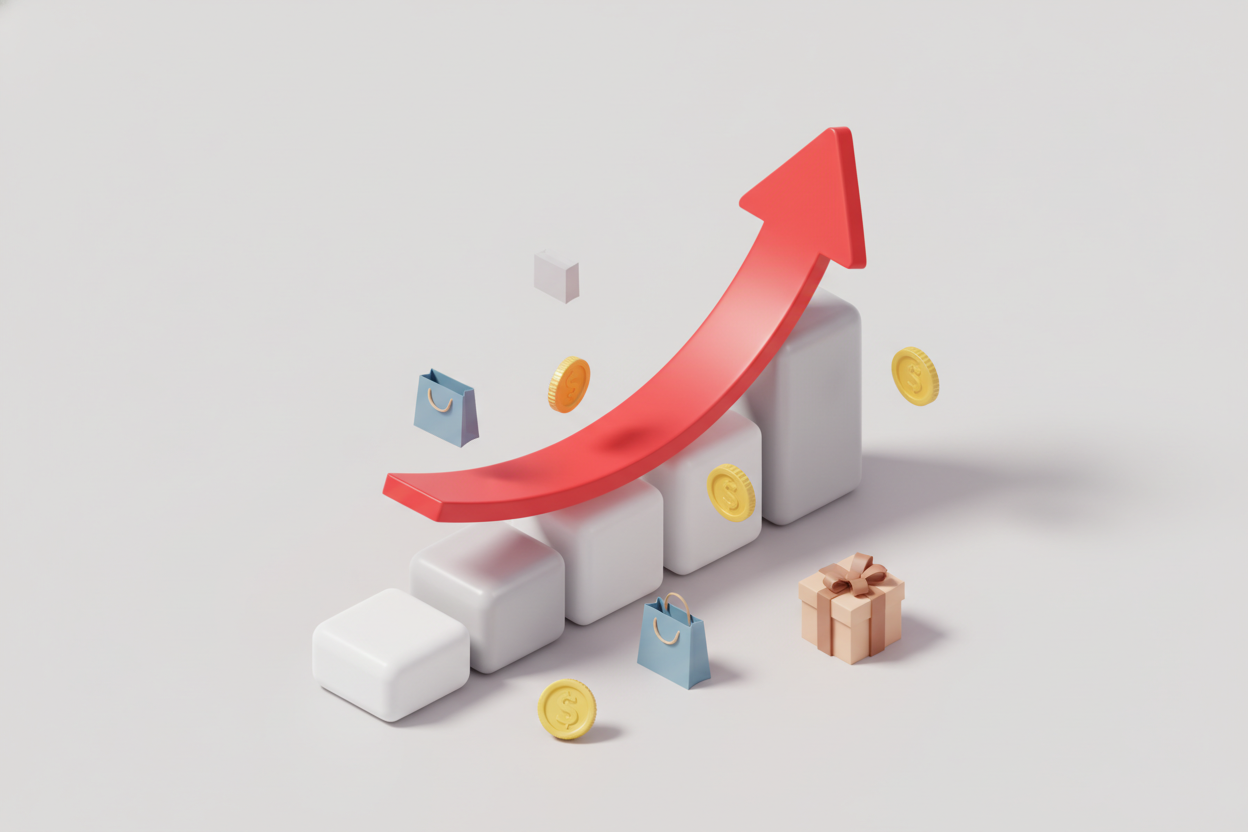 A clean isometric 3D illustration of an ascending bar chart with a red upward arrow, floating coins, and small product icons, representing rising average order value.