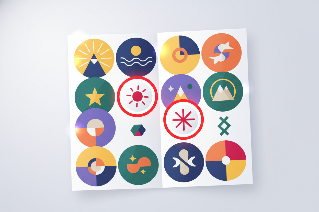 A concept illustration of colorful collectible badge and stamp shapes arranged like a loyalty passport, with red accents, suggesting earned event stamps collected over time.