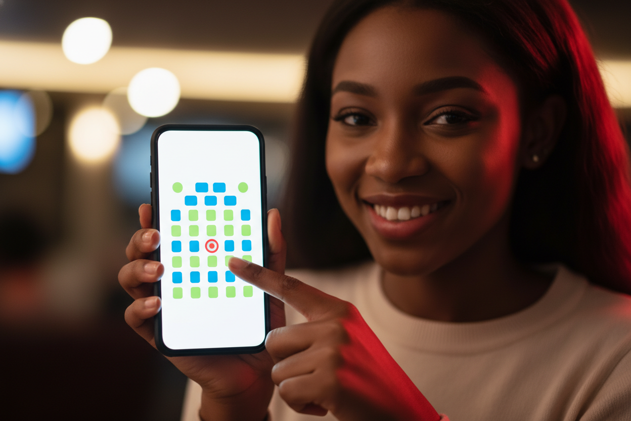 A happy young woman selects a seat on an interactive seating map on her smartphone during checkout, tapping a seat highlighted in red.