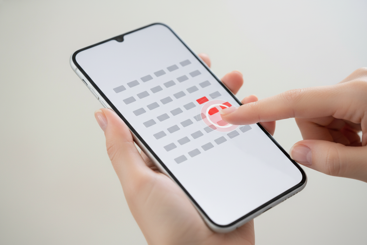 A hand taps a booth on a visual map shown on a smartphone, with one rectangular booth highlighted in red to show it's the selected spot.