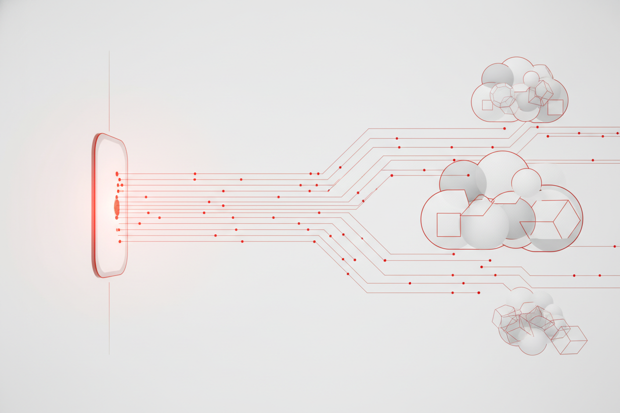 An abstract illustration of tracking signals radiating from a single glowing card out to several floating platform nodes, connected by thin red glowing lines.