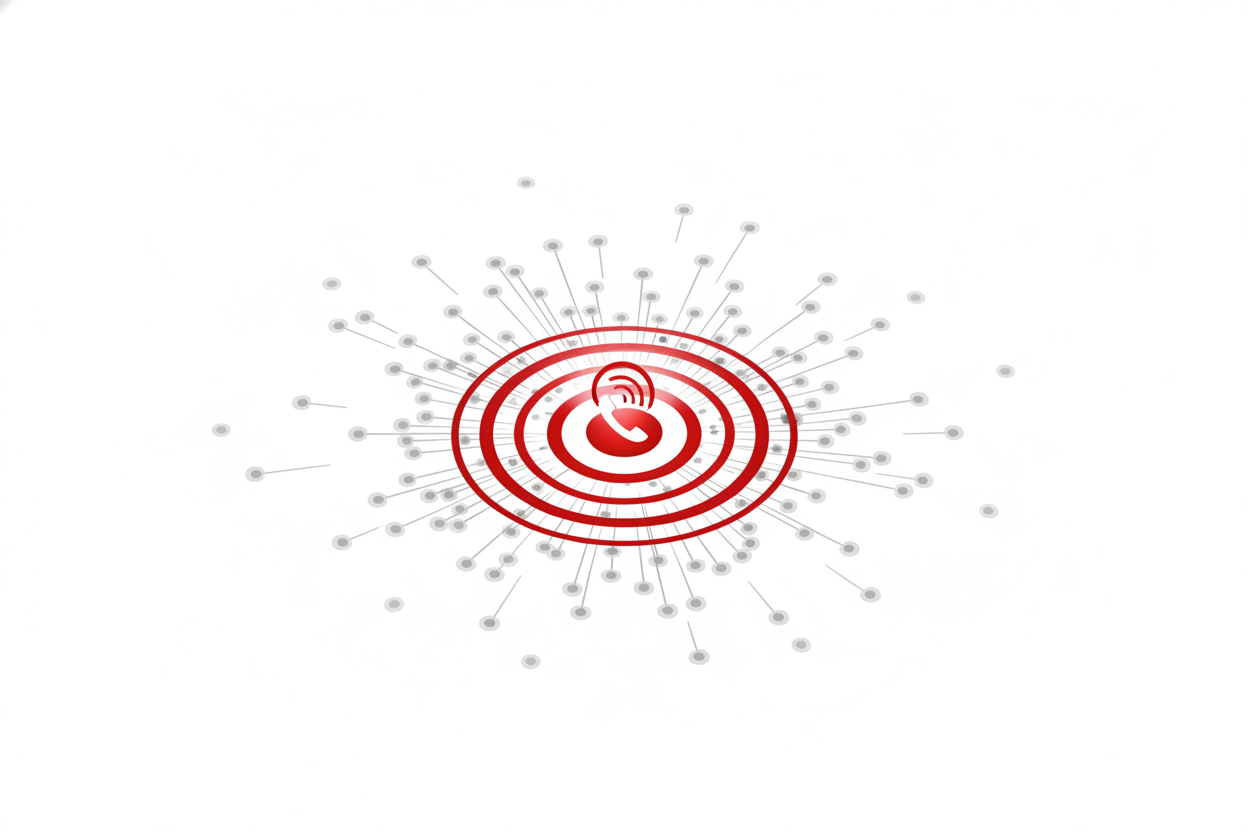 A clean concept illustration of a single red share action at the center rippling outward into an expanding network of many new connected nodes, representing new ticket buyers.