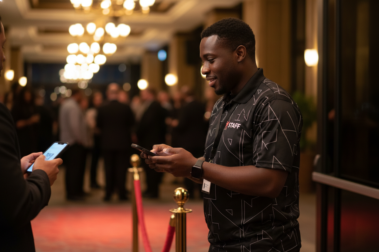 An event door staffer in a branded staff shirt scans a guest's phone QR ticket at the entrance under warm lighting.