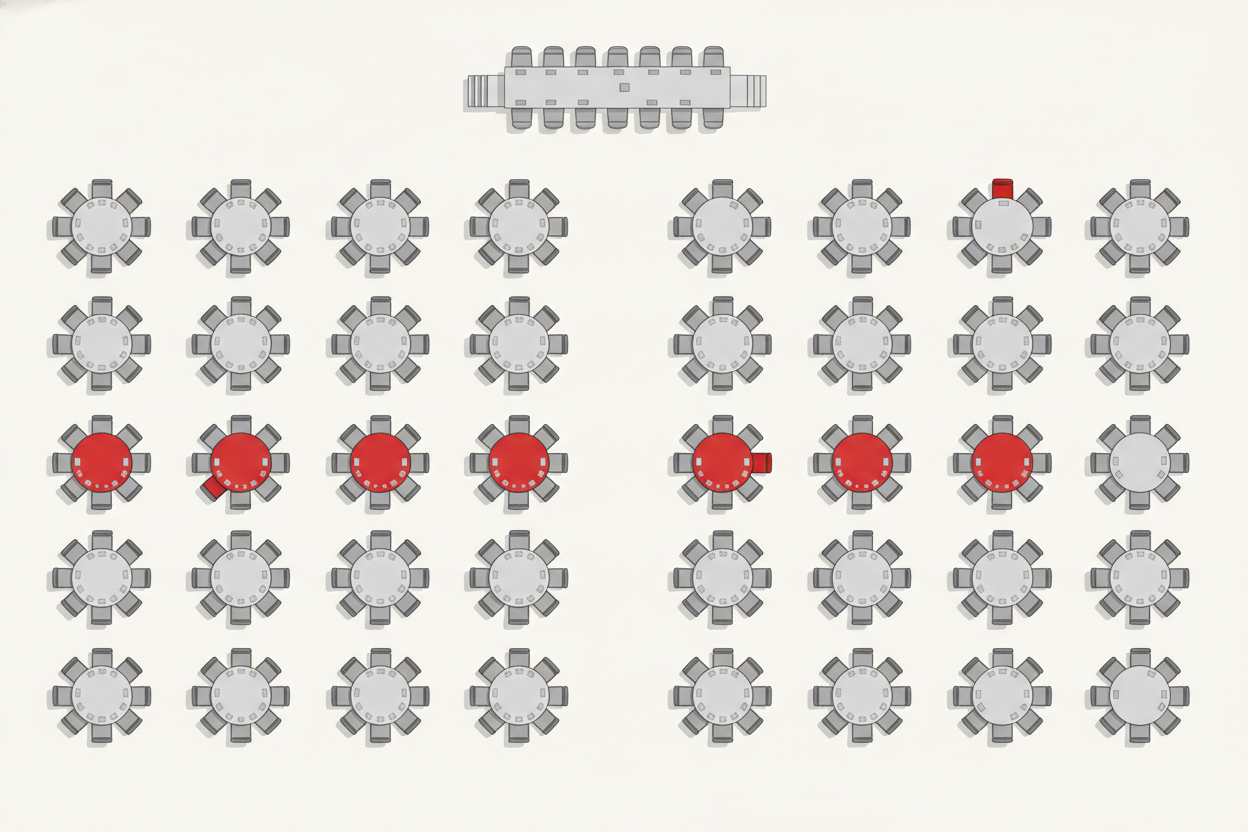 A clean conceptual illustration of an interactive venue seating map with round tables and rows of seats, several seats and one table highlighted in red to show selection.