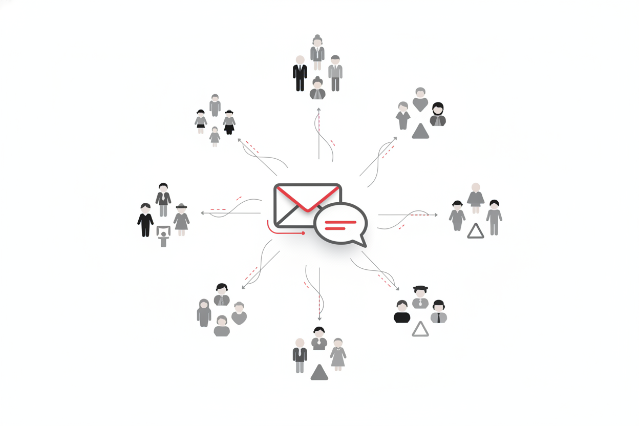 A concept illustration of an envelope and chat-bubble at the center, with lines radiating out to distinct clusters of people representing audience segments.