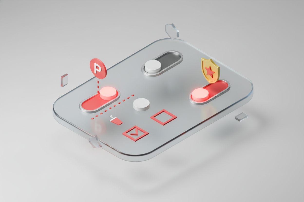 A clean isometric 3D illustration of a floating checkout panel with toggle switches and checkboxes, one toggle glowing red and switched on, with small add-on icons floating nearby.