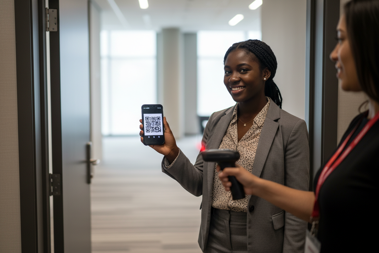 A conference attendee holds up a phone with a QR code at a breakout room doorway while a staff member scans it.