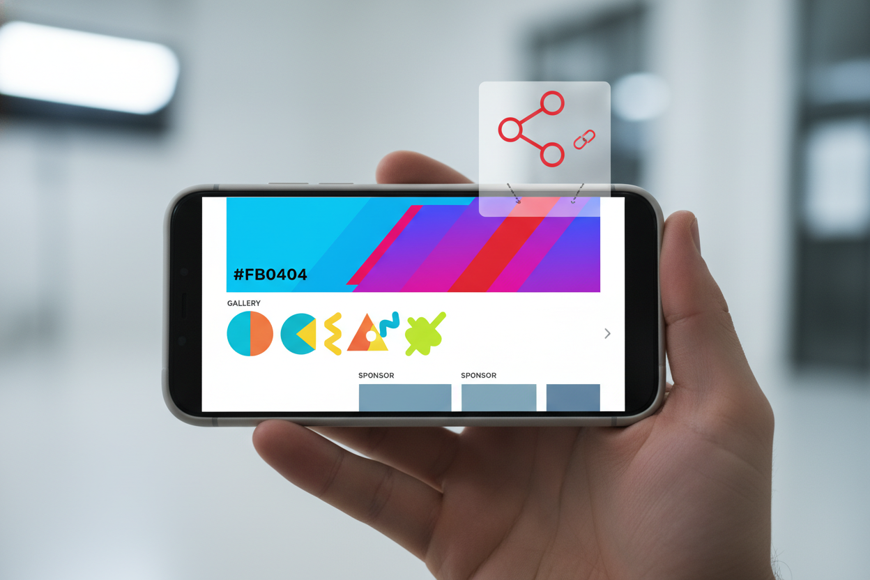 A hand holding a phone that displays a vibrant branded event page being shared, with a share-and-link icon floating above the screen, accented in brand red.