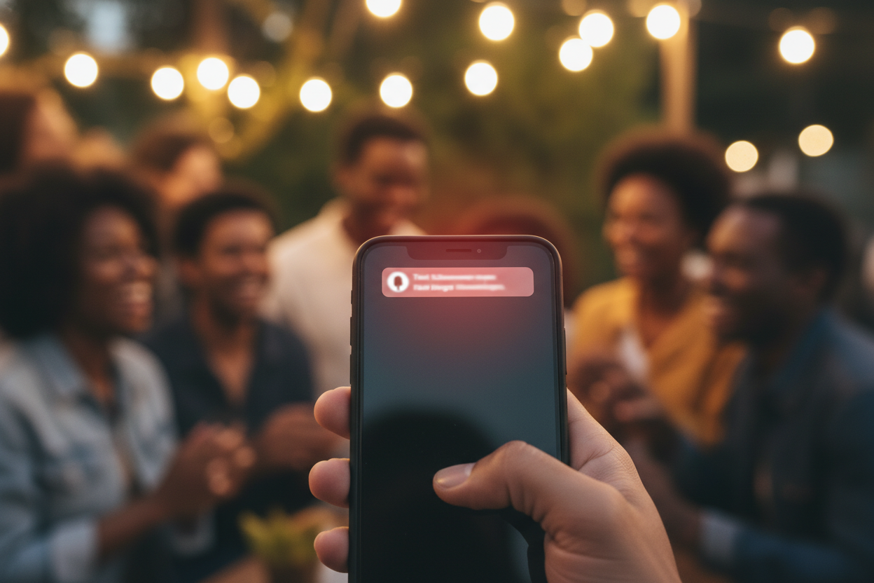 A hand holds a phone showing a glowing incoming notification banner, with a warm community event softly blurred behind it.