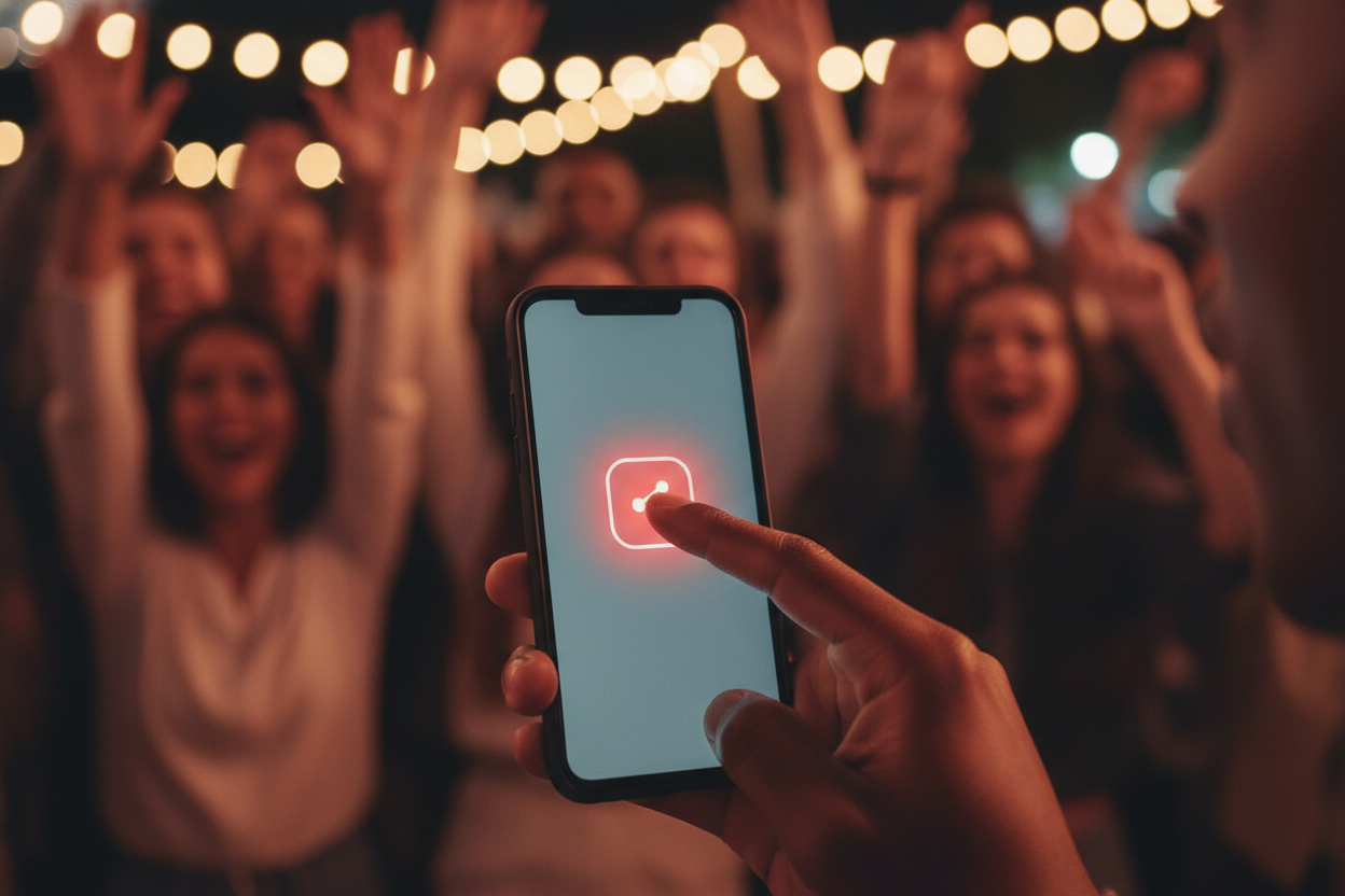 A close-up of a hand tapping a glowing share action on a smartphone at a lively event, with a celebrating crowd and warm string lights blurred in the background.