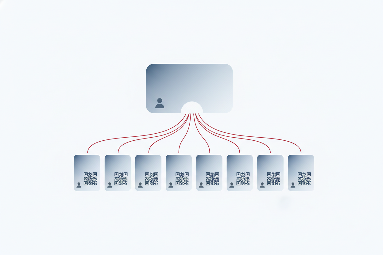 Concept illustration of one ticket card splitting into eight individual digital ticket cards, each with its own QR code, connected by red lines.