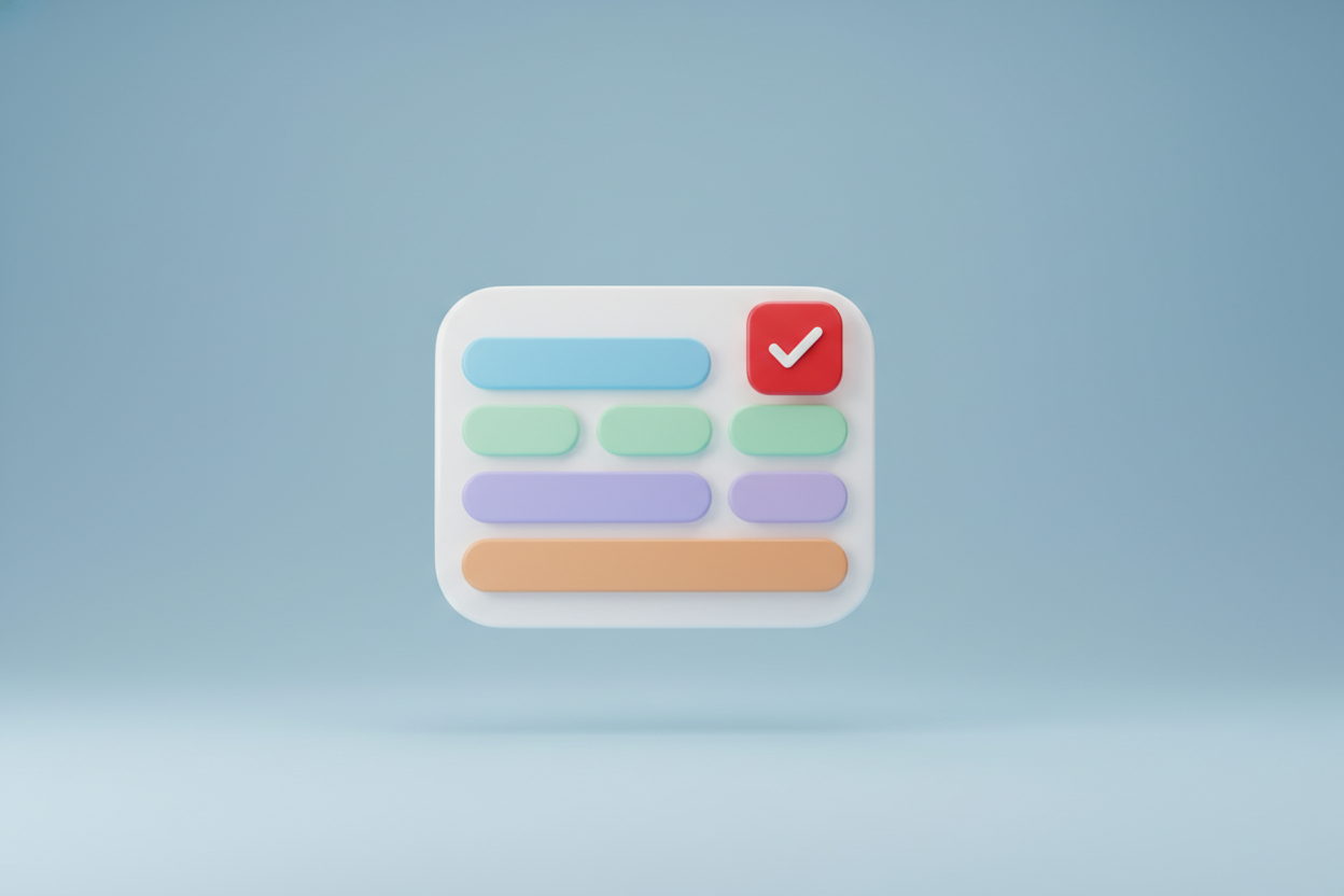 A single tidy 3D record card with neat rows of filled data fields and a red checkmark badge, floating on a soft studio backdrop.