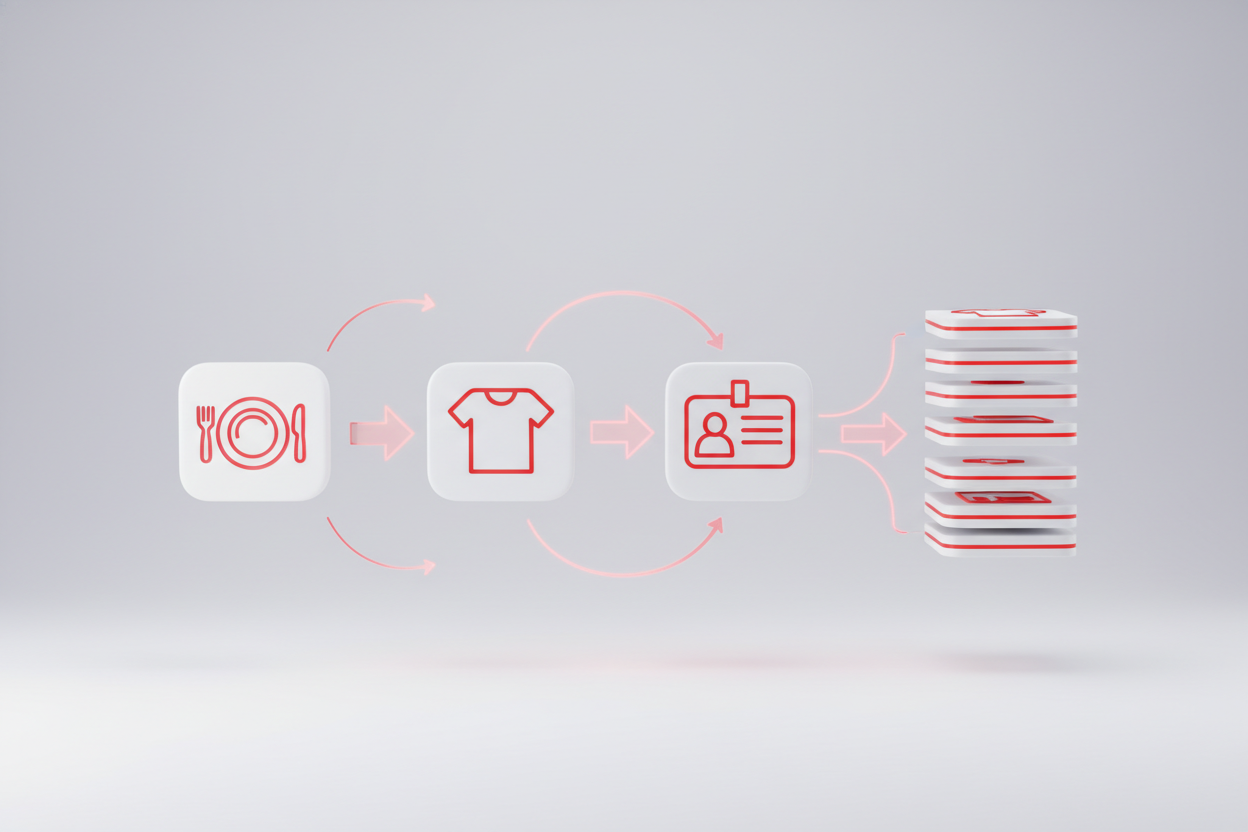 A clean 3D concept showing a meal icon, an apparel icon, and an ID badge icon flowing neatly into an organized data stack.