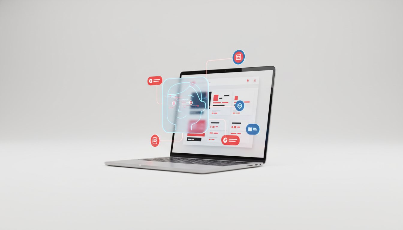 A laptop showing a ticketing web page with translucent AI tool chips floating in front of it, illustrating an AI agent operating tools directly inside the browser.