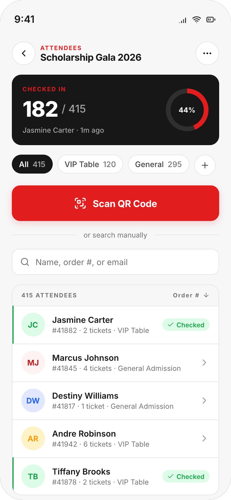 Attendees screen in the event organizer app with a live check-in counter, a big Scan QR Code button, and a searchable attendee list.