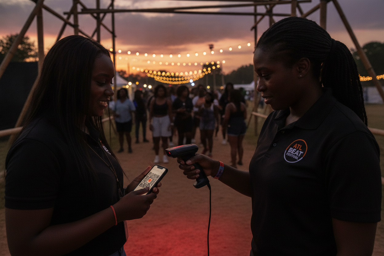 A festival gate staffer scanning a QR music festival ticket on an attendee's phone to move the line quickly