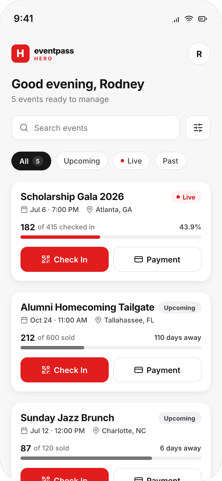 My Events home screen of the EventPassHero event organizer app showing live status, check-in progress, and tickets sold for each event.