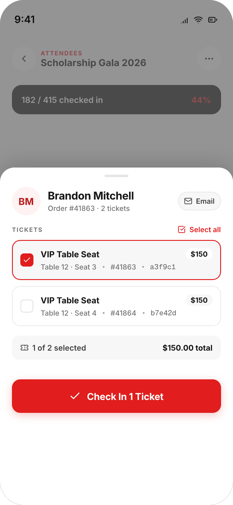 Ticket detail sheet in the EventPassHero organizer app showing an attendee's order, seat details, and a red Check In button for manual check-in.