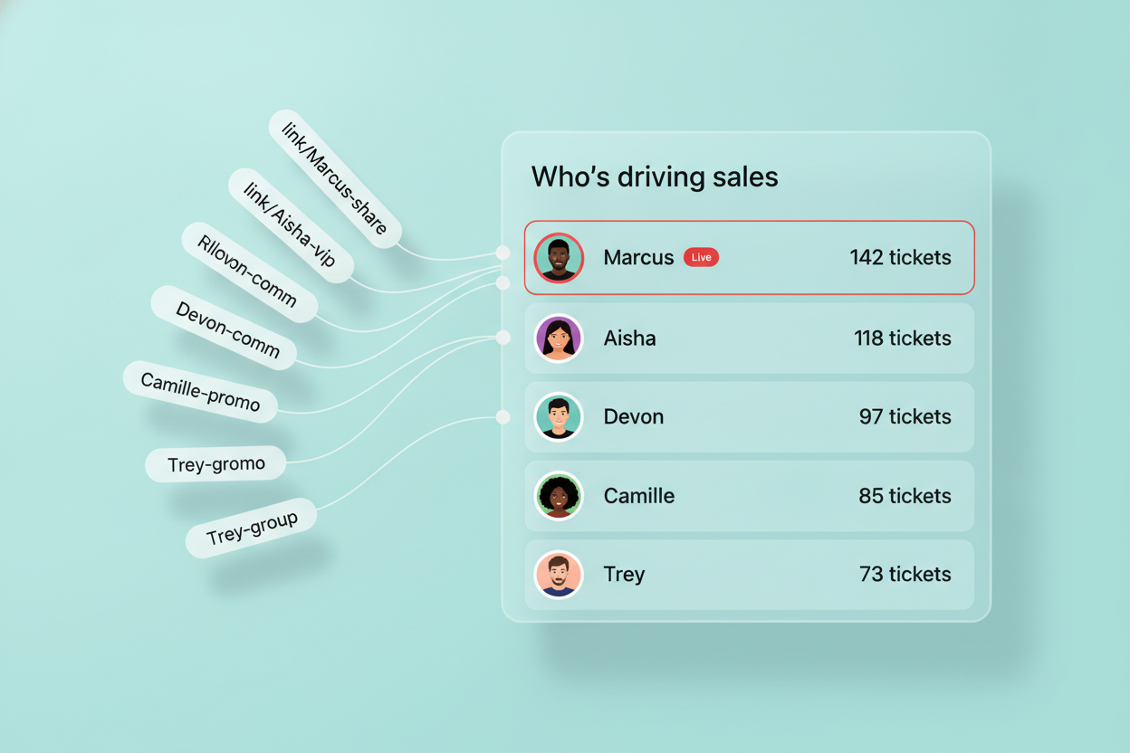 An event sales tracking attribution panel titled 'Who's driving sales', with personal share-links fanning out to a ranked leaderboard of named sellers, each showing a live ticket count.