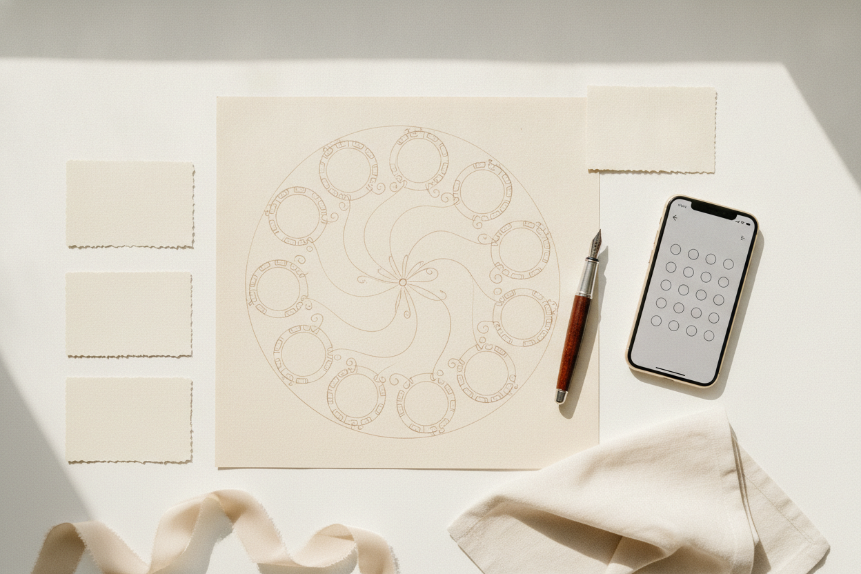 Overhead flat-lay of Founders Day banquet planning: a hand-drawn round-table seating chart, place cards, a fountain pen, and a phone showing a digital seat map.