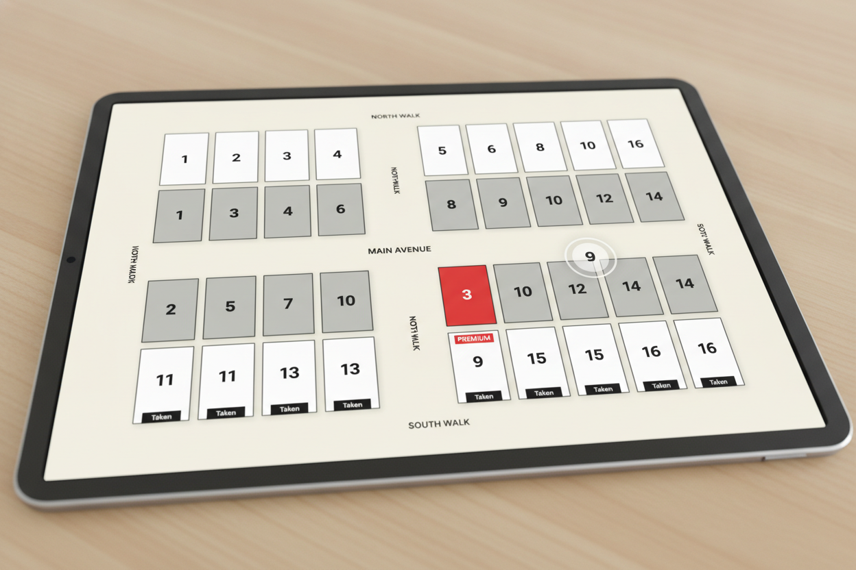 An interactive expo floor map for vendor expo booth selection, showing numbered booths as selectable spots with a few marked taken in gray and one premium corner booth highlighted in red.