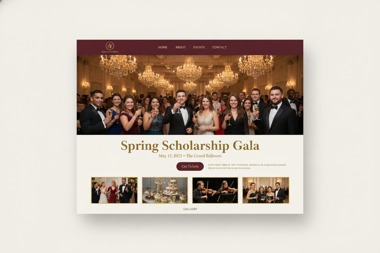 A custom-branded event page for a Spring Scholarship Gala: the organization's circular logo in the header, a deep-burgundy and gold brand color scheme, a full-width hero banner photo of an elegant gala, a prominent Get Tickets button, and a row of past-event gallery photos.