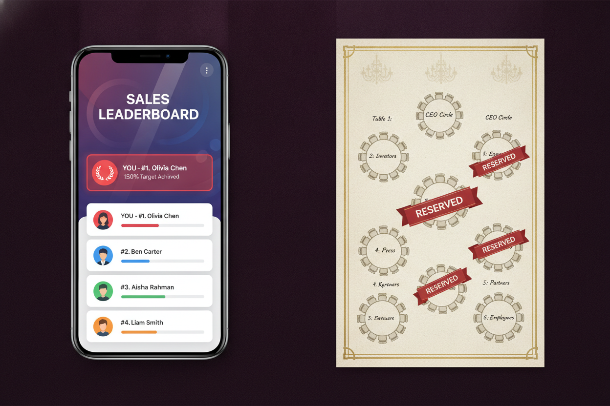 A split concept showing a chapter sales leaderboard on a phone beside a banquet seating map with reserved tables, both key parts of Divine Nine event ticketing.