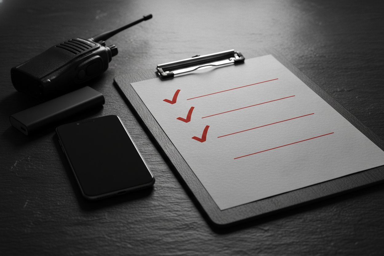 A clipboard event day checklist with red check marks beside a walkie-talkie, phone, and portable battery.