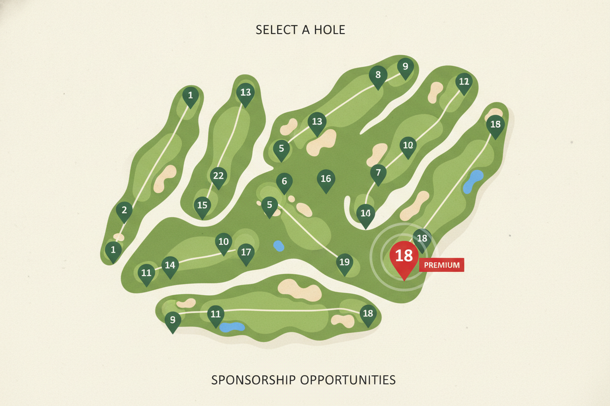 An interactive golf course map for golf tournament ticketing showing all 18 holes as numbered selectable markers, with Hole 9 and Hole 18 highlighted in red as premium sponsorship spots.