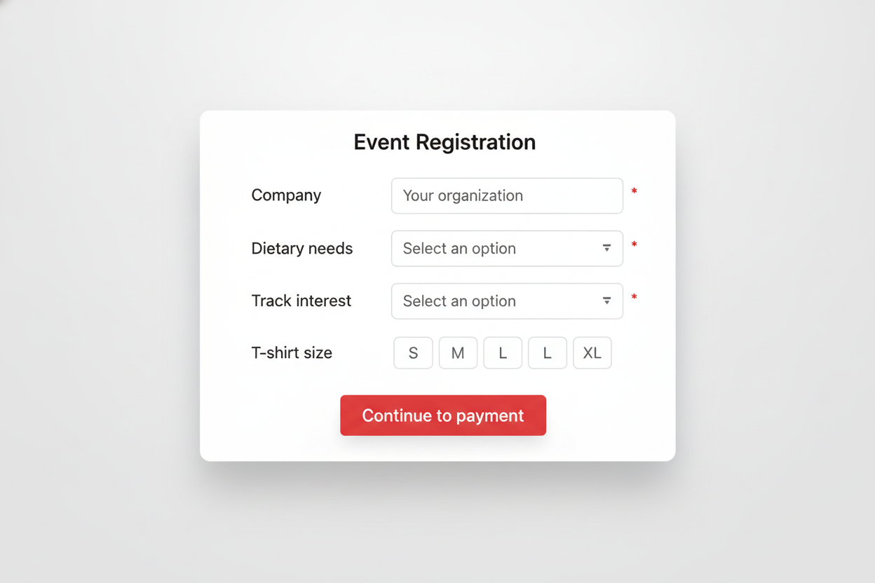 A conference registration software checkout form with custom required fields — Company, Dietary needs, Track interest, and T-shirt size — each marked with a red required asterisk.