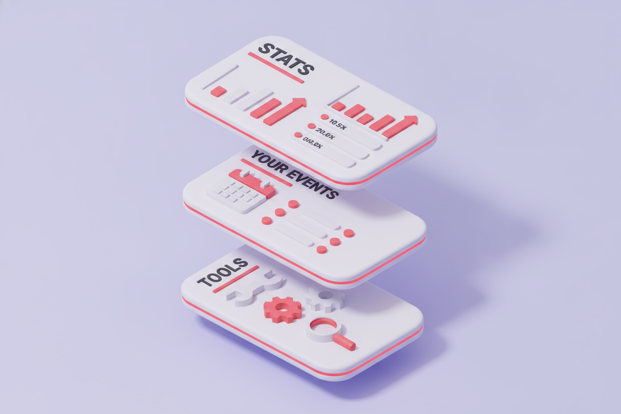A clean concept of an event organizer dashboard with labeled zones: stat cards along the top, a your-events list in the center, and a workspace tools toolbar down the side, with tasteful red accents.
