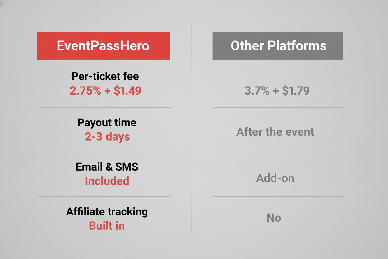 A clean comparison-table illustration contrasting EventPassHero vs Eventbrite on per-ticket fees and payout timing, with EventPassHero's lower fee and 2-3 day payout highlighted in red.