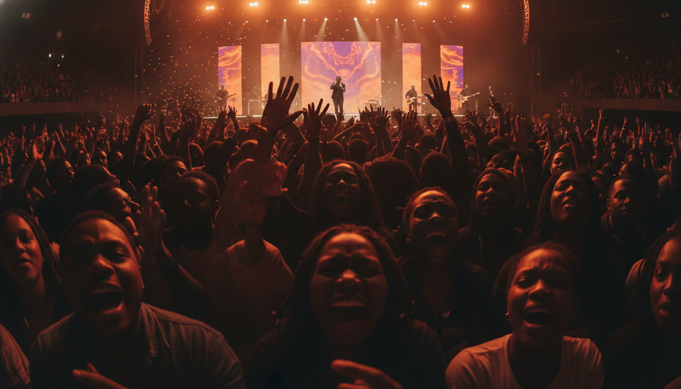 A sold-out concert crowd with hands raised under dramatic stage lights — the payoff of great concert ticketing.