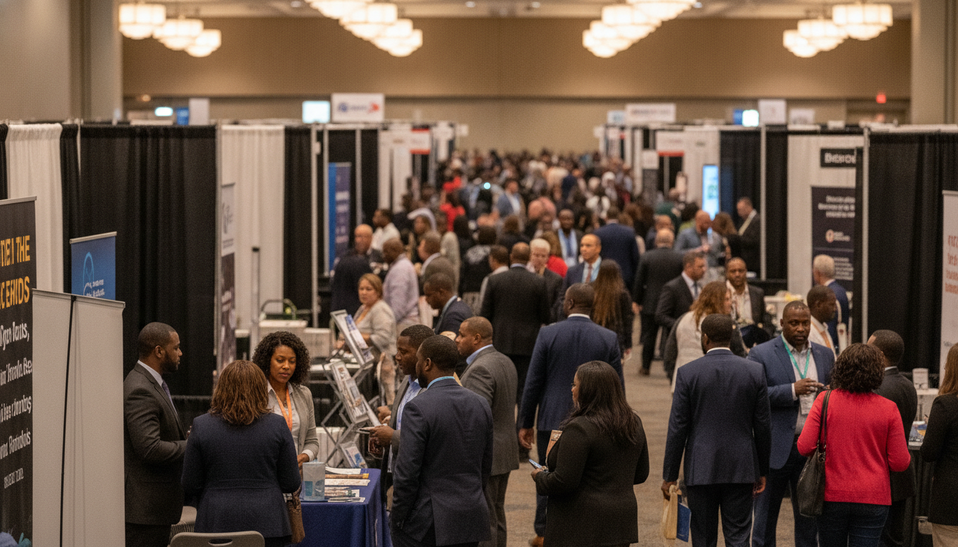 A busy trade-show expo hall with rows of vendor booths and a diverse crowd of attendees, the kind of floor powered by EventPassHero vendor expo booth selection.